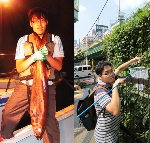 お尻から油が噴出するという悲劇を招いた“ワックス魚”（左）と、渋谷で野草を採取する茸本さん