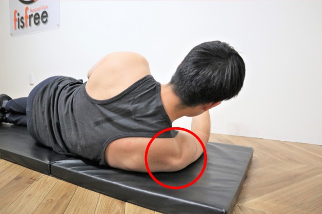 背筋を鍛える際の三角筋後部を鍛えるサイドライズの動作（拡大１）　この位置で三角筋後部の筋肉がストレッチされる。