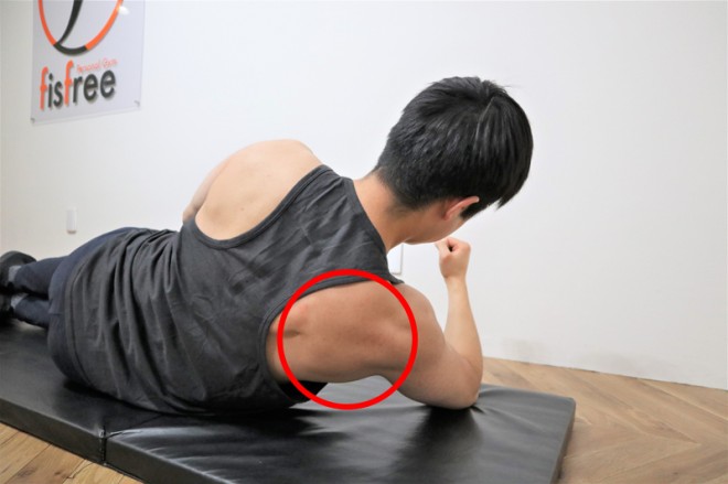 背筋を鍛える際の三角筋後部を鍛えるサイドライズの動作（拡大２）　肘で地面を押すことでギュッと収縮される。