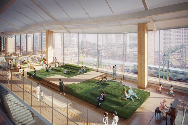 JR高輪ゲートウェイ駅構内で最大の魅力でもある芝生空間の「Eki Park」