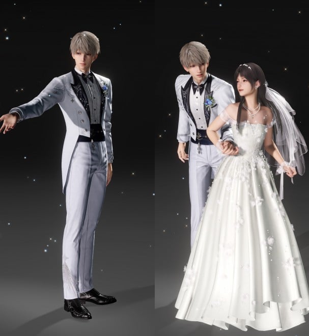 <セイヤ>タキシードとウェディングドレスは、星や流れ星、スターチス(イメージフラワー)をあしらい、指輪は星をイメージしたもの。