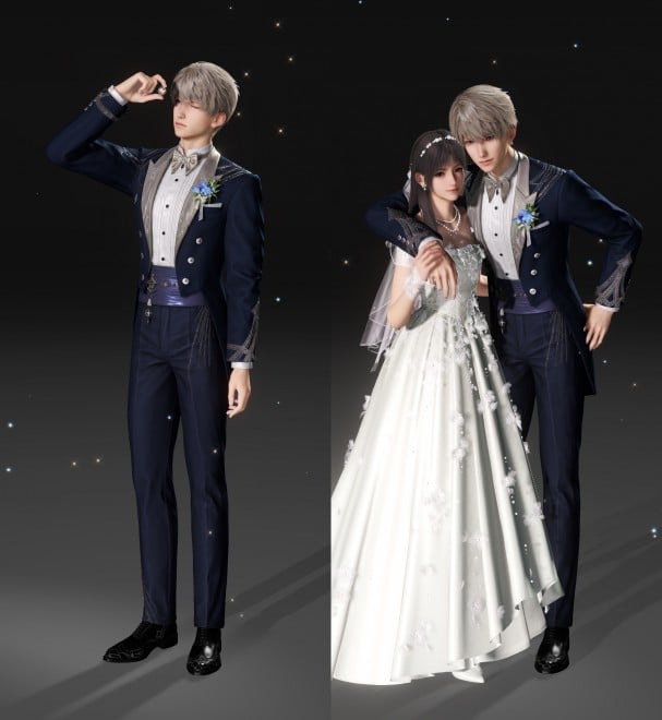<セイヤ>タキシードとウェディングドレスは、星や流れ星、スターチス(イメージフラワー)をあしらい、指輪は星をイメージしたもの。