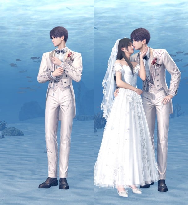 タキシードとウェディングドレスは、イメージカラーのコーラルピンクをアクセントに、炎、海、真珠、グロリサオ(イメージフラワー)をあしらい、指輪は魚をイメージしたもの。