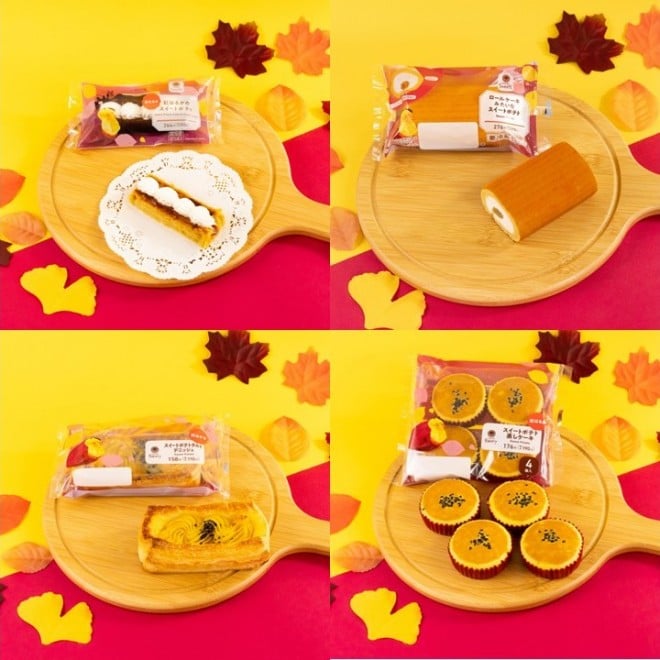 『紅はるかのスイートポテト』(左上)『ロールケーキみたいなスイートポテト』(右上)『スイートポテトタルトデニッシュ』(左下)『スイートポテト蒸しケーキ4個入』(右下)