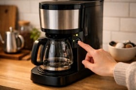 �u�R���r�j�J�t�F�𑲋Ɓv�{�^���ЂƂŒ�����{�i�R�[�q�[���y���ށA����ŃR�[�q�[���[�J�[�K��