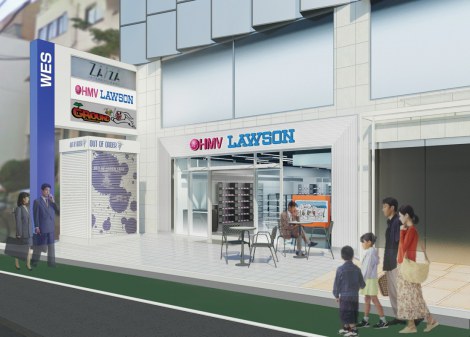 「ローソン」と6坪前後で展開するCD・DVDショップ「HMV SPOT」が一体となった「ローソンHMV 表参道店」※外観イメージ 
