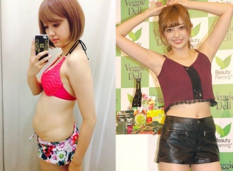 サムネイル 57キロ→49.8キロのダイエットに成功した菊地亜美（左のビフォー写真は本人ブログより） 