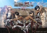 �����̓����W���C�|���X�Łw�i���̋��lAttack on Titan in JOYPOLIS�x���J�ÁB�g�ǁh�ƂȂ������C���X�e�[�W���o�b�N�ɗ��̋@�����u�Ŕ�щ�郁�C���L�����N�^�[������`�����L�[�r�W���A�� 