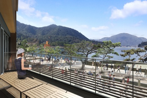 【2F】海側に設置されたバルコニーからは嚴島神社の大鳥居を眺められる 