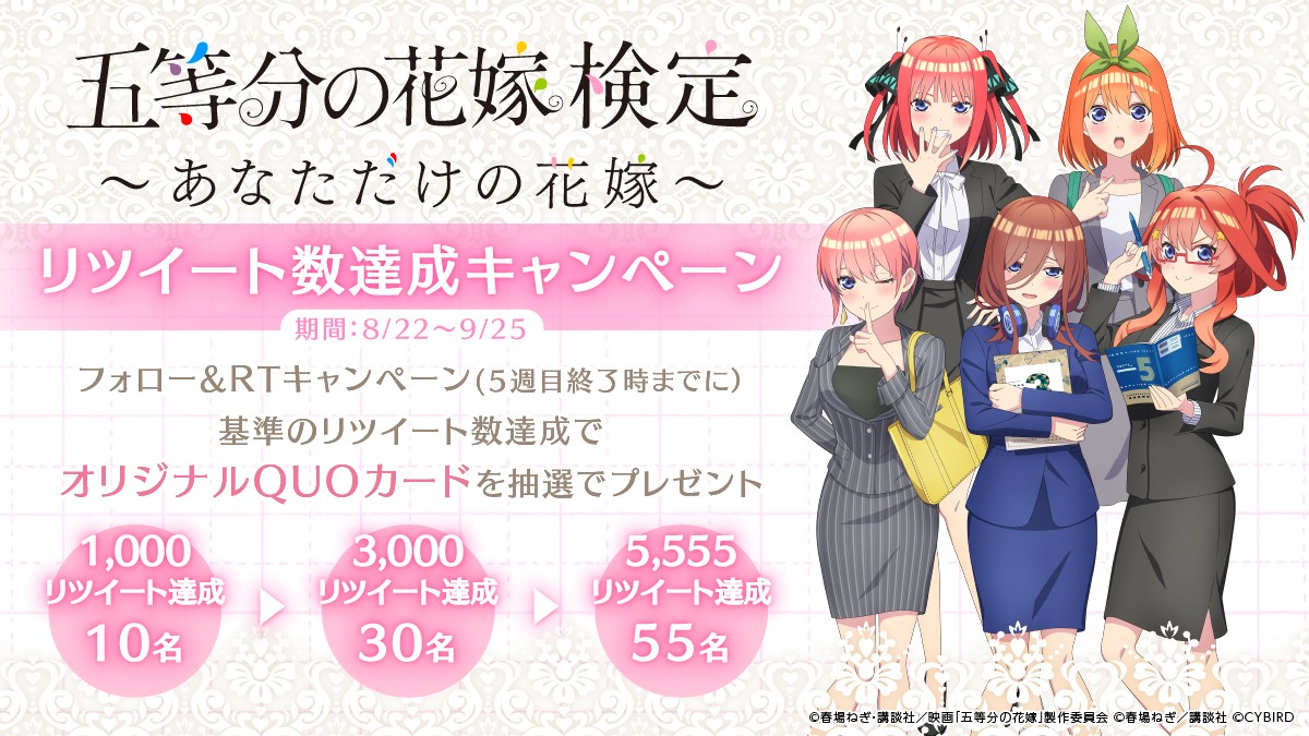 五等分の花嫁』検定26日より実施 キャラごとに異なる問題も…合格は得点