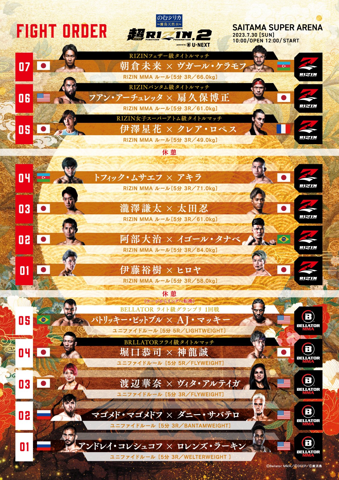 超RIZIN.2】試合順決定 メインは朝倉未来VSケラモフ、後半3試合は全て