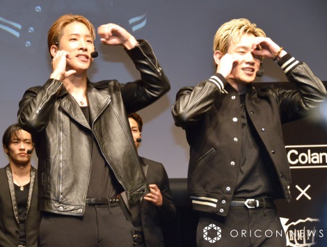 コリトリダンスを披露した(左から)陣、浦川翔平=『コラントッテ』新CM発表&ザ コランペイジ発足式 (C)ORICON NewS inc.