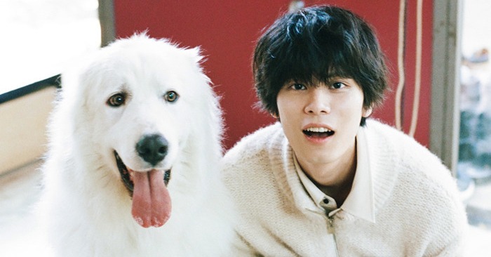 萩原利久、真っ白な犬とおそろいニット姿 猛暑日の撮影も“神対応