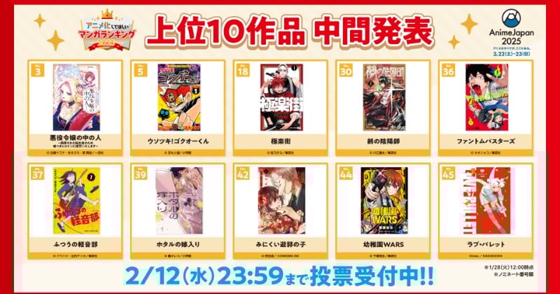 アニメ化してほしいマンガランキング』上位10作品の中間発表